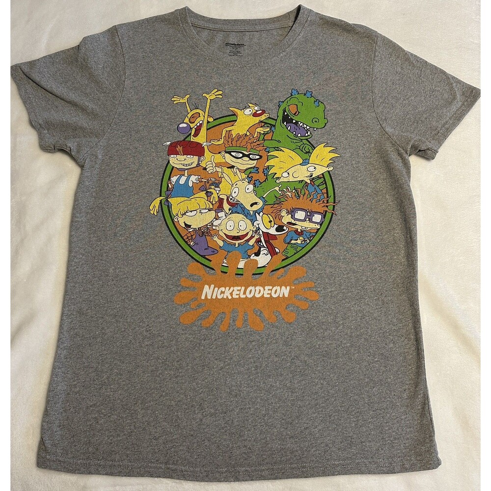 Nickelodeon 90s Cartoon Graphic T-Shirt Mens L Gray Rugrats Hey Arnold C-Life